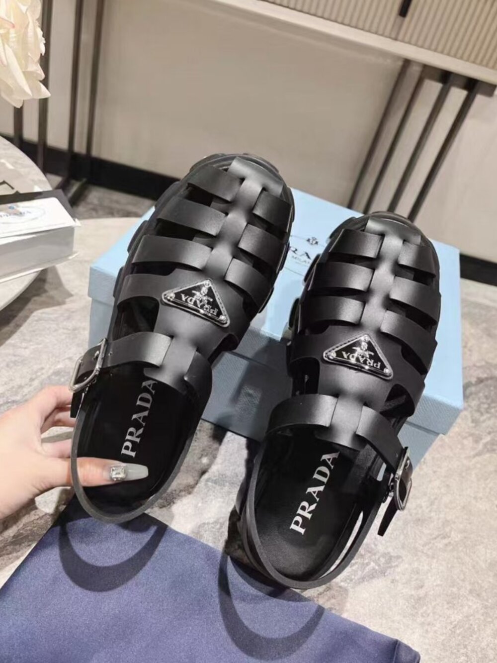 Prada Black Woven Cut‑Out Triangle Logo Fisherman Shoes